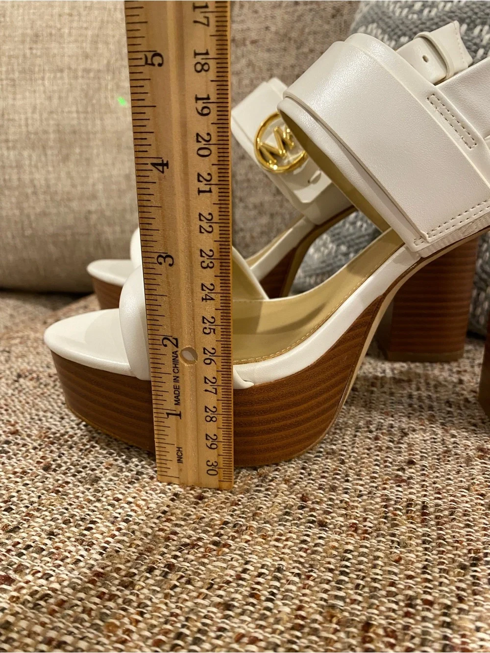 Michael Kors White Platform Block Heel Sandals with Brown Wood-Look Sole